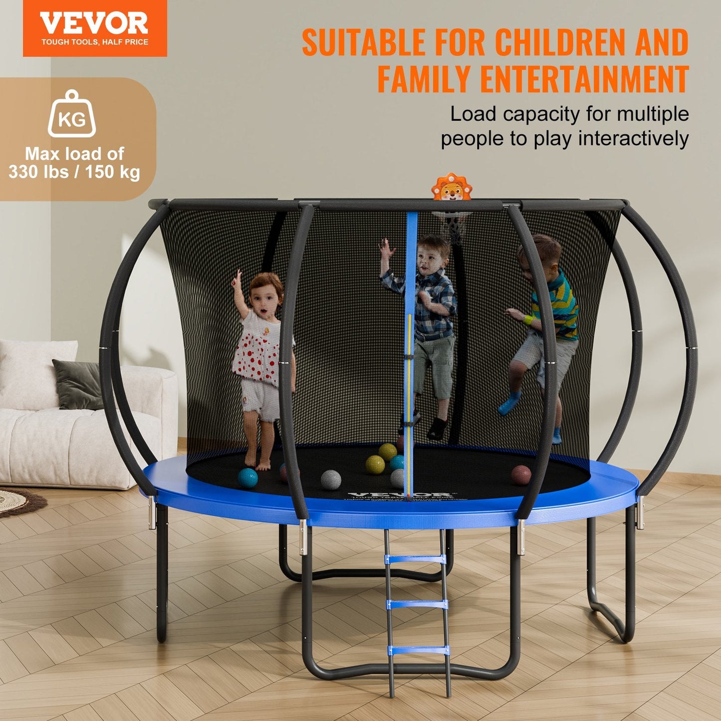 10FT Trampoline with Safety Net, Ladder, and Curved Poles - 150 kg Capacity