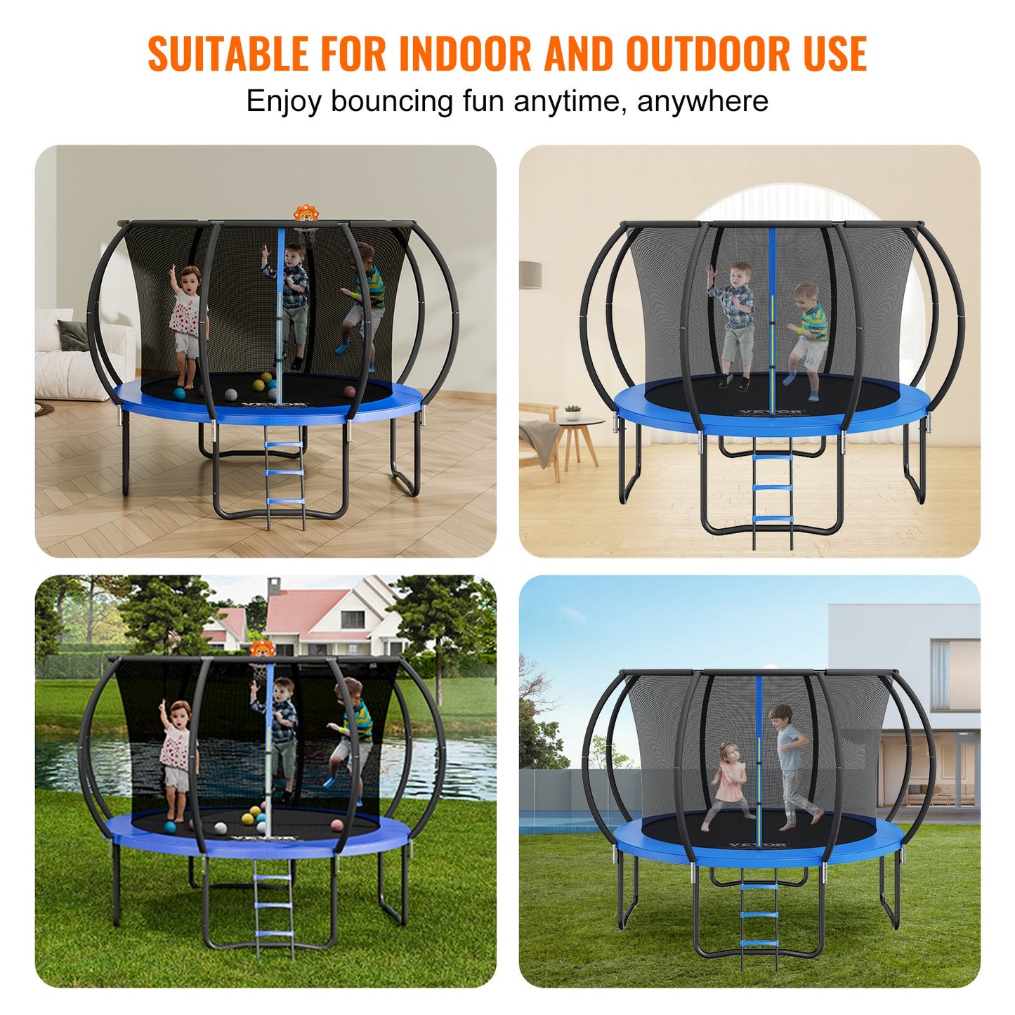 VEVOR 10FT Trampoline, 330 lbs Trampoline with Enclosure Net, Ladder, and Curved