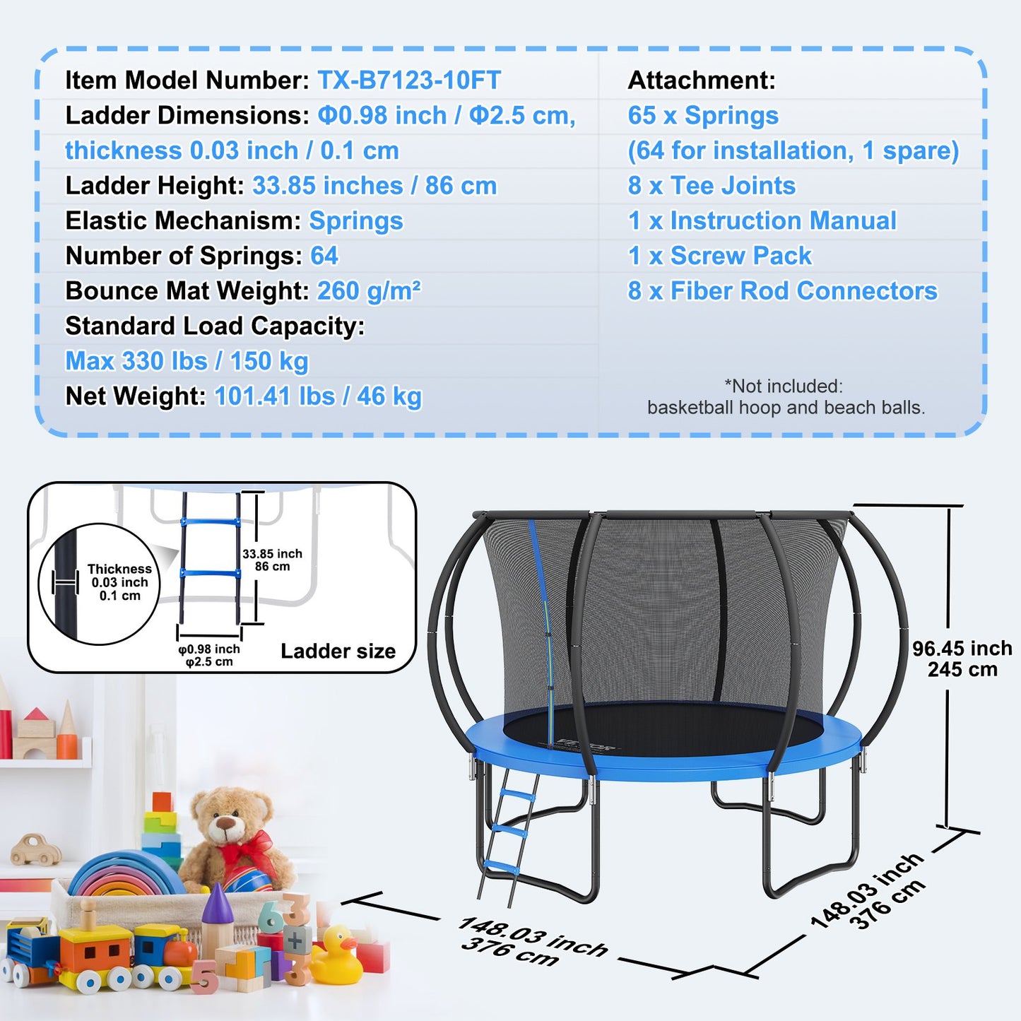VEVOR 10FT Trampoline, 330 lbs Trampoline with Enclosure Net, Ladder, and Curved