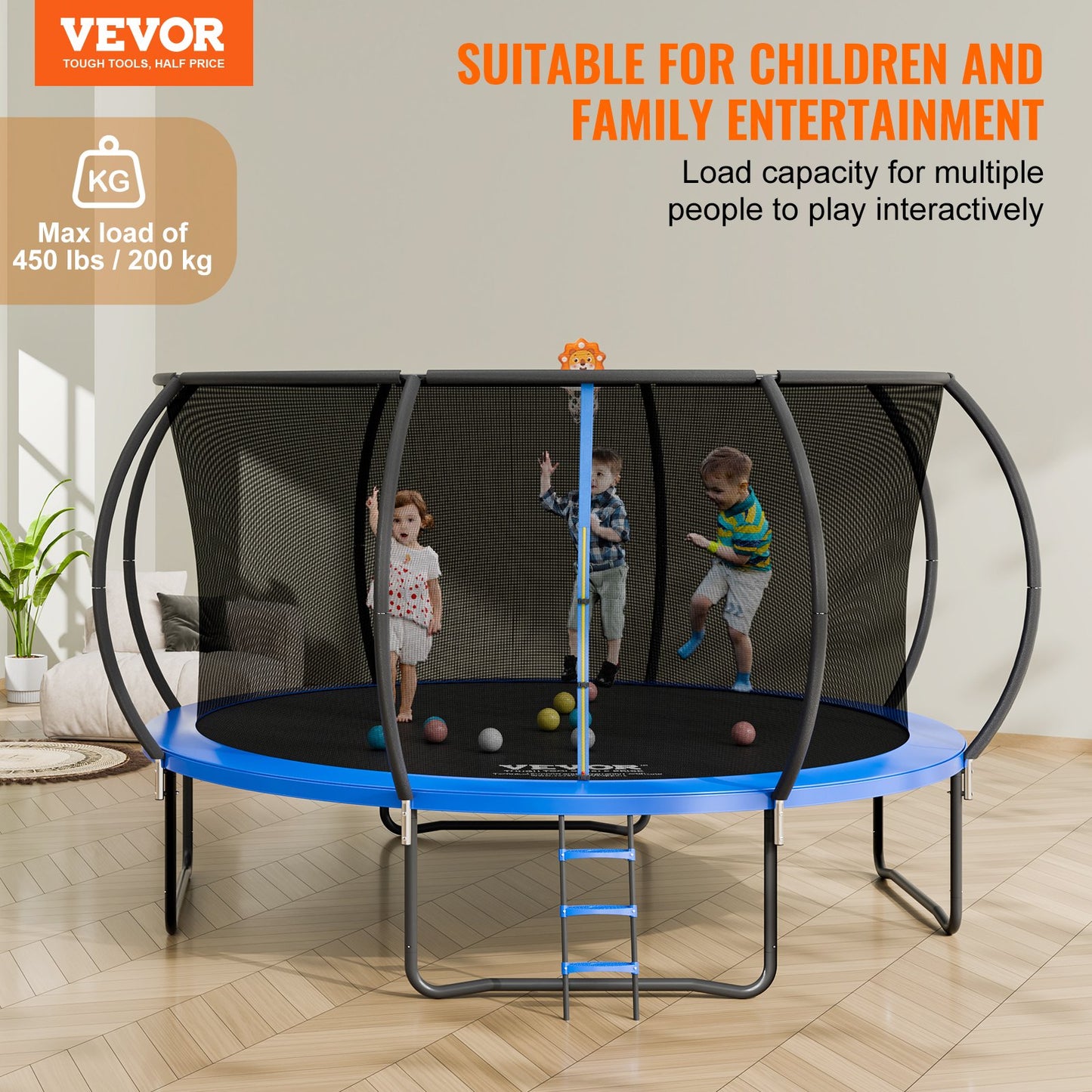 VEVOR 14FT Trampoline, 450 lbs Trampoline with Enclosure Net, Ladder, and Curved
