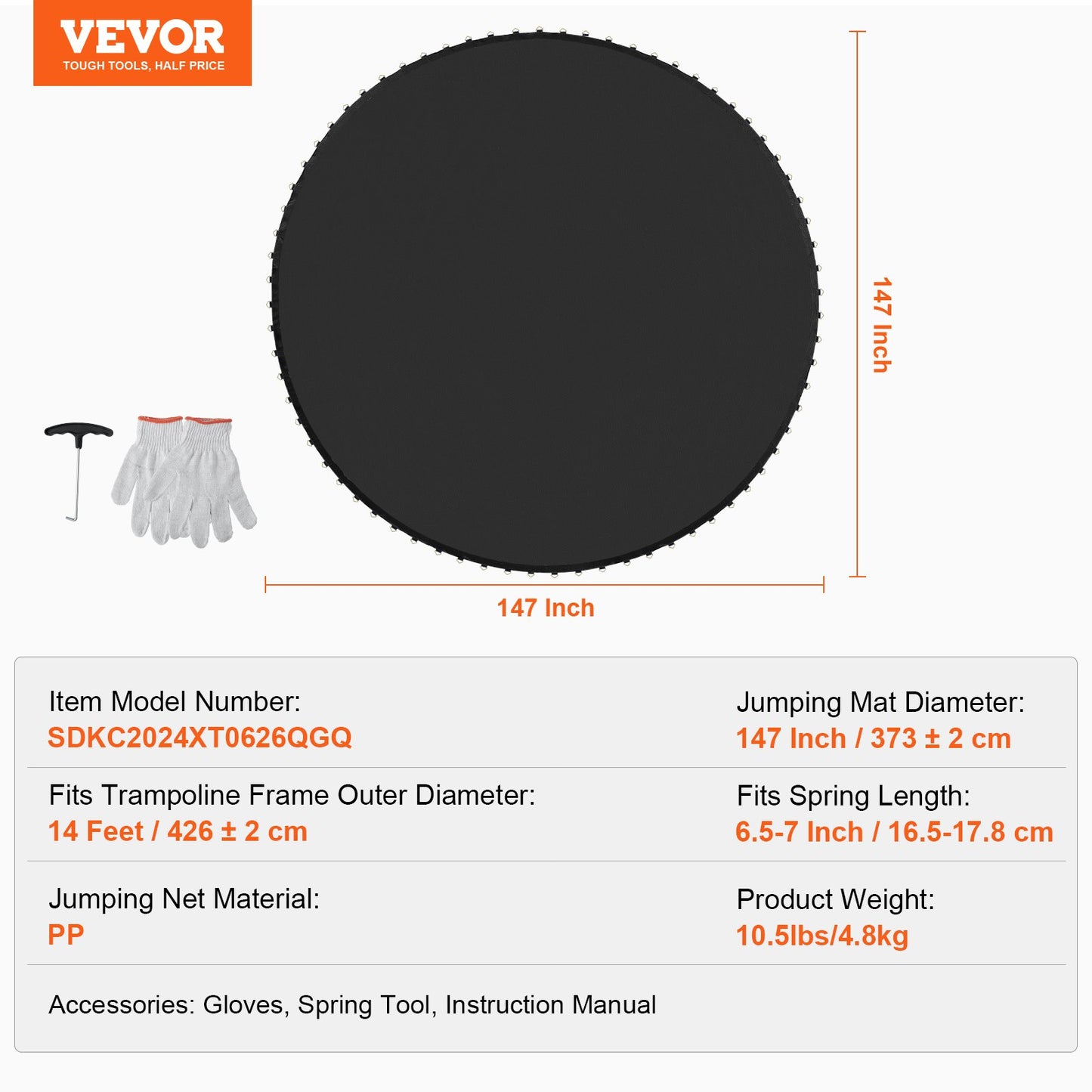 VEVOR Replacement Trampoline Mat Fits 14ft Frame 72 V-Ring 6.5"-7" Spring Length