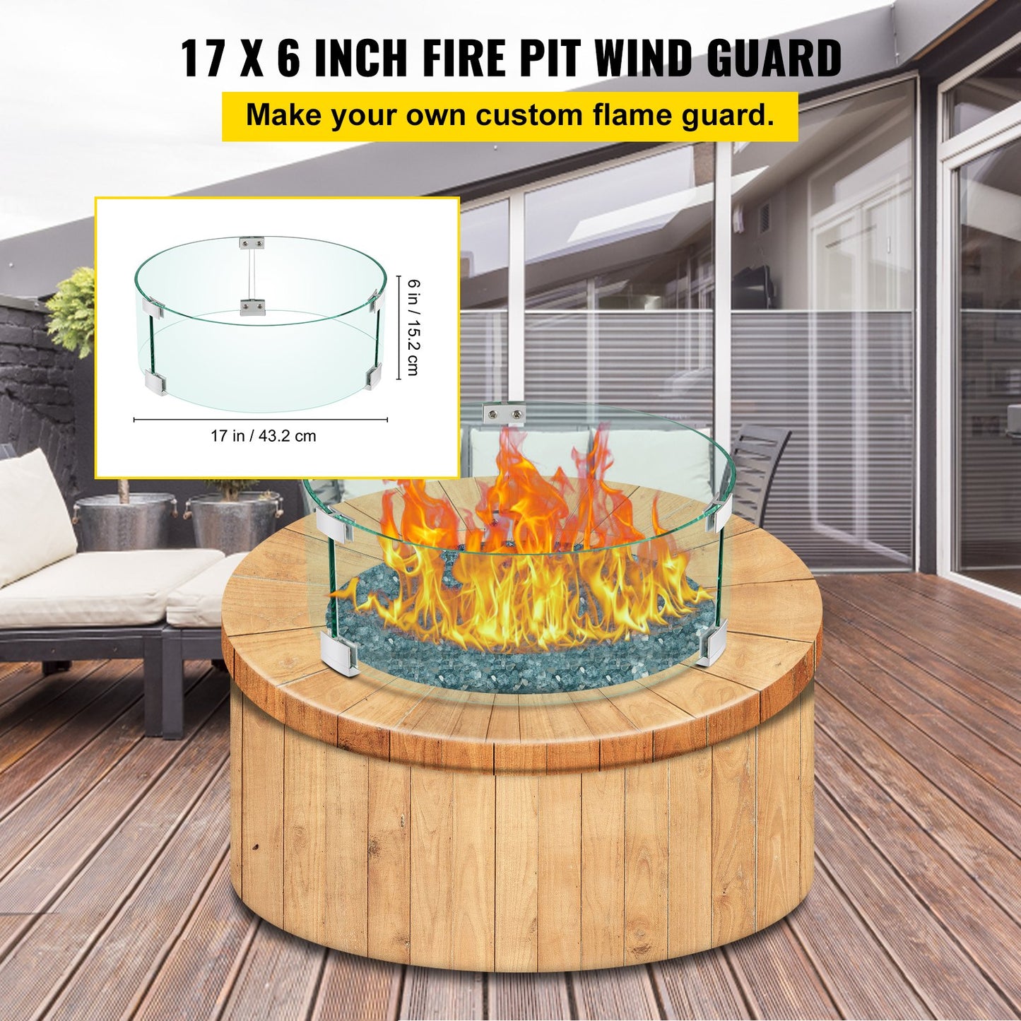 VEVOR Fire Pit Wind Guard, 17 x 17 x 6 Inch Glass Flame Guard, Round Glass Shield,