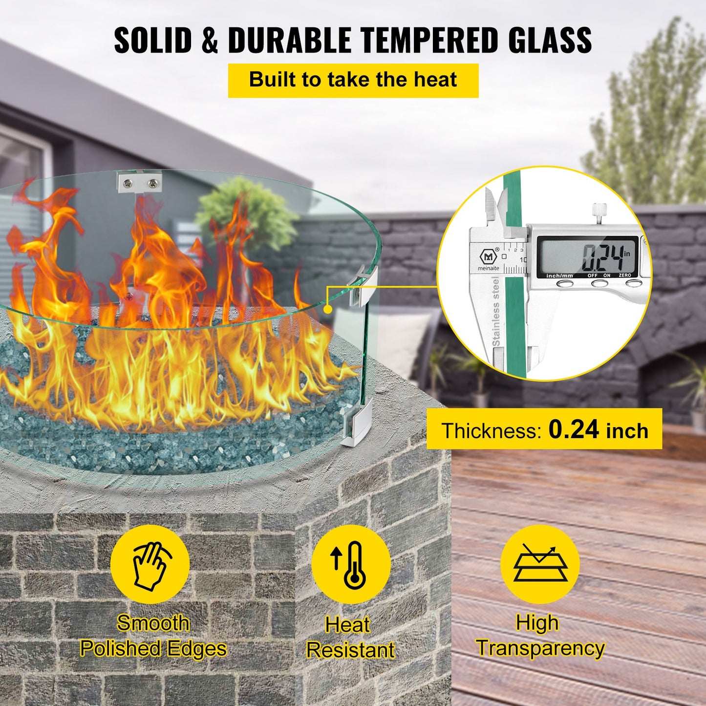 VEVOR Fire Pit Wind Guard, 17 x 17 x 6 Inch Glass Flame Guard, Round Glass Shield,