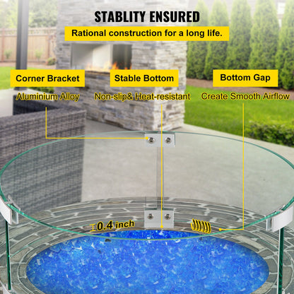 VEVOR Fire Pit Wind Guard, 17 x 17 x 6 Inch Glass Flame Guard, Round Glass Shield,