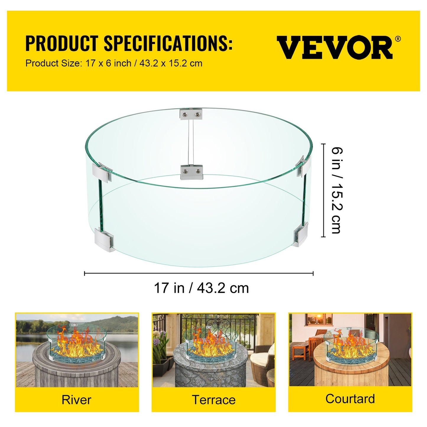 VEVOR Fire Pit Wind Guard, 17 x 17 x 6 Inch Glass Flame Guard, Round Glass Shield,