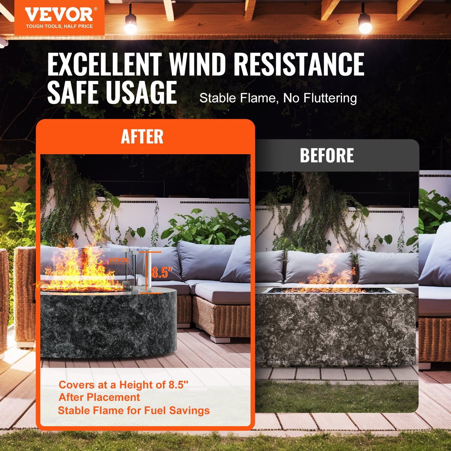 VEVOR Fire Pit Wind Guard, 23 x 23 x 8 Inch Glass Flame Guard, Round Glass Shield,