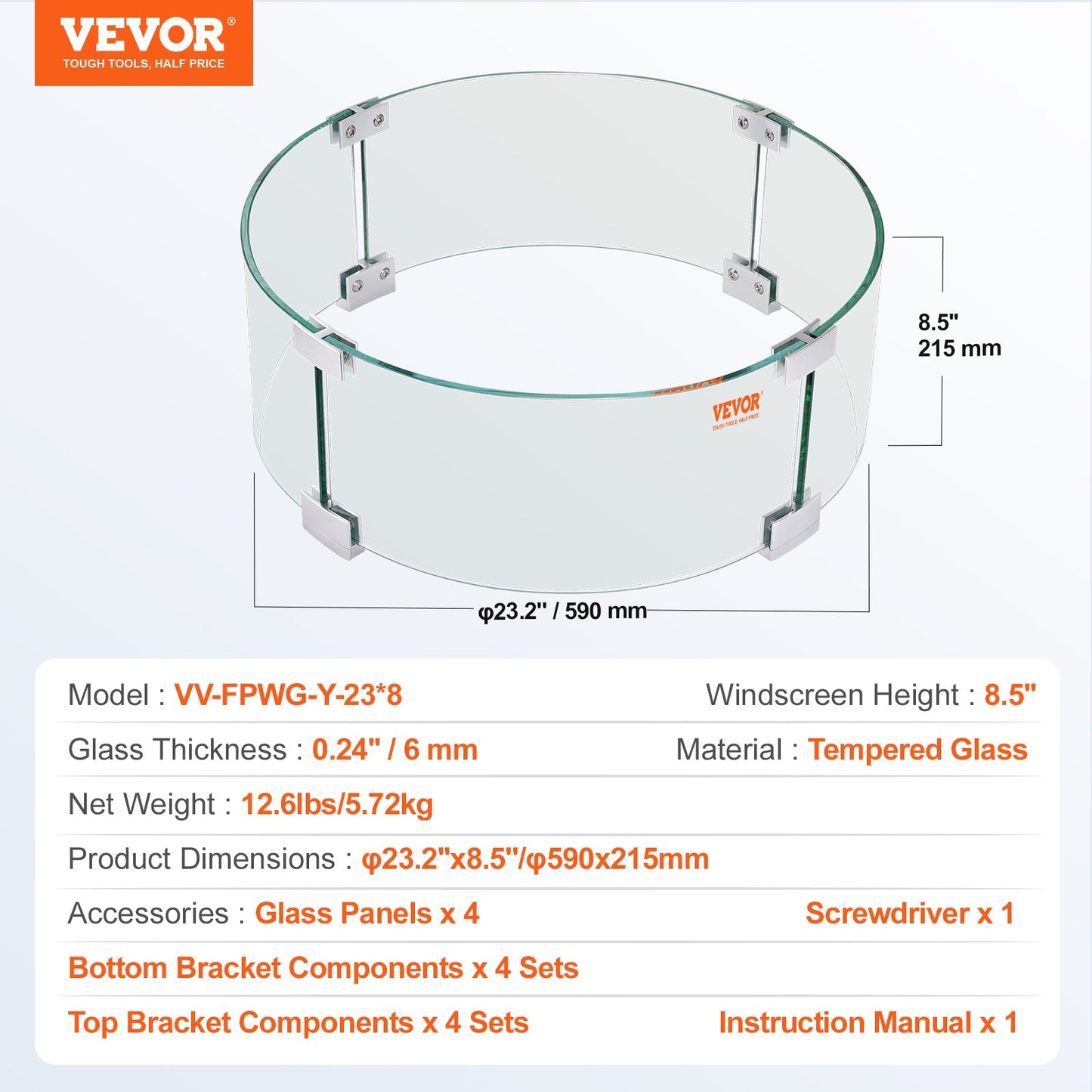 VEVOR Fire Pit Wind Guard, 23 x 23 x 8 Inch Glass Flame Guard, Round Glass Shield,