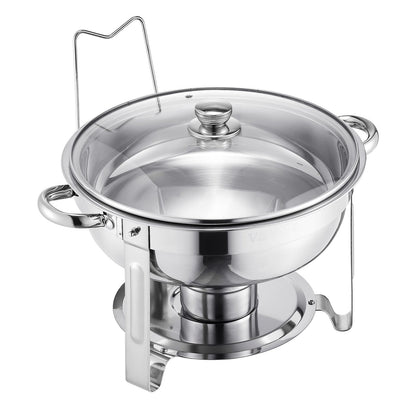 Chafing Dish Buffet Set, 5 Qt 2 Pack, Stainless Steel Chafer with 2 Full Size Pan, Round Catering Warmer Server with Glass Lid Water Pan Folding Stand Fuel Holder, for Wedding Party Banquet, Silver