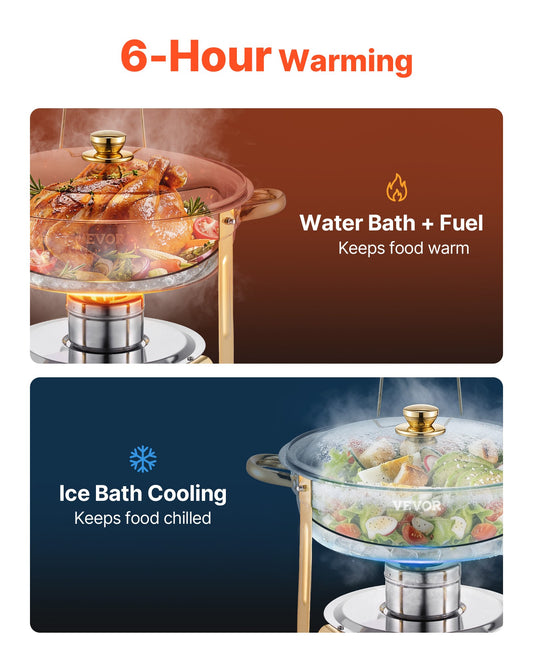 Chafing Dish Buffet Set, 5 Qt 4 Pack, Stainless Steel Chafer with 4 Full Size Pan, Round Catering Warmer Server with Glass Lid Water Pan Folding Stand Fuel Holder, for Wedding Party Banquet, Gold