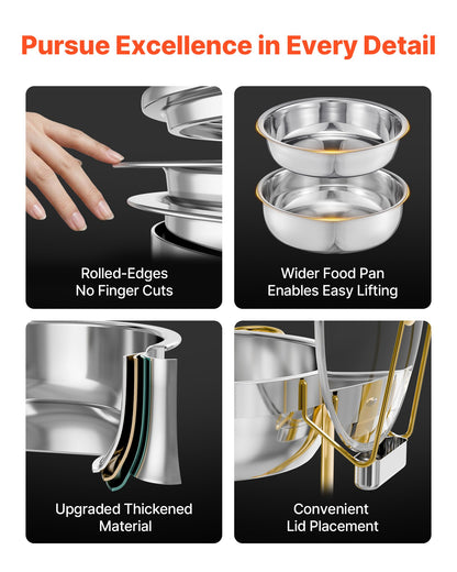 Chafing Dish Buffet Set, 5 Qt 4 Pack, Stainless Steel Chafer with 4 Full Size Pan, Round Catering Warmer Server with Glass Lid Water Pan Folding Stand Fuel Holder, for Wedding Party Banquet, Gold