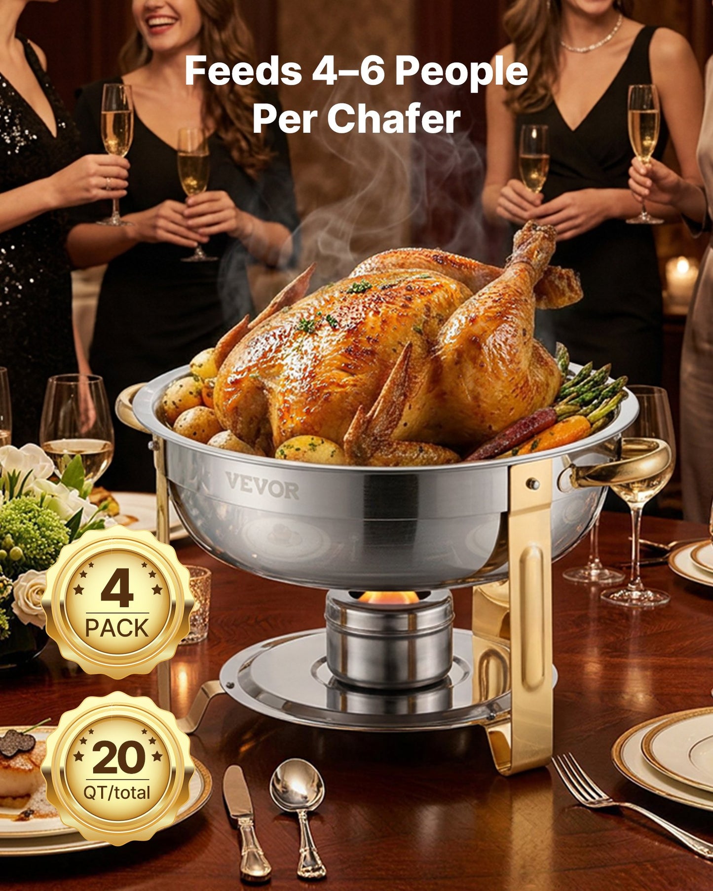 Chafing Dish Buffet Set, 5 Qt 4 Pack, Stainless Steel Chafer with 4 Full Size Pan, Round Catering Warmer Server with Glass Lid Water Pan Folding Stand Fuel Holder, for Wedding Party Banquet, Gold
