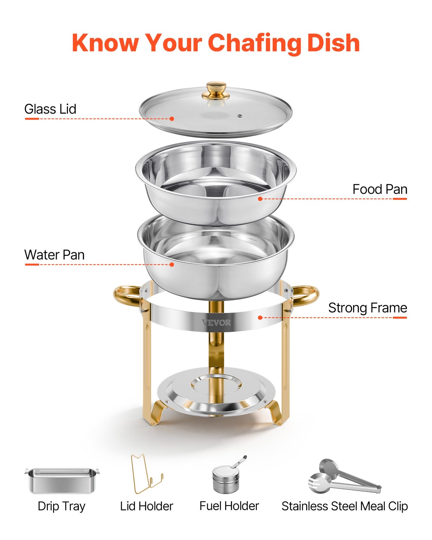 Chafing Dish Buffet Set, 5 Qt 4 Pack, Stainless Steel Chafer with 4 Full Size Pan, Round Catering Warmer Server with Glass Lid Water Pan Folding Stand Fuel Holder, for Wedding Party Banquet, Gold
