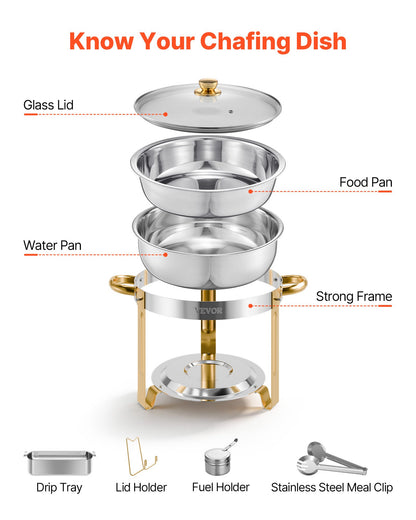 Chafing Dish Buffet Set, 5 Qt 4 Pack, Stainless Steel Chafer with 4 Full Size Pan, Round Catering Warmer Server with Glass Lid Water Pan Folding Stand Fuel Holder, for Wedding Party Banquet, Gold