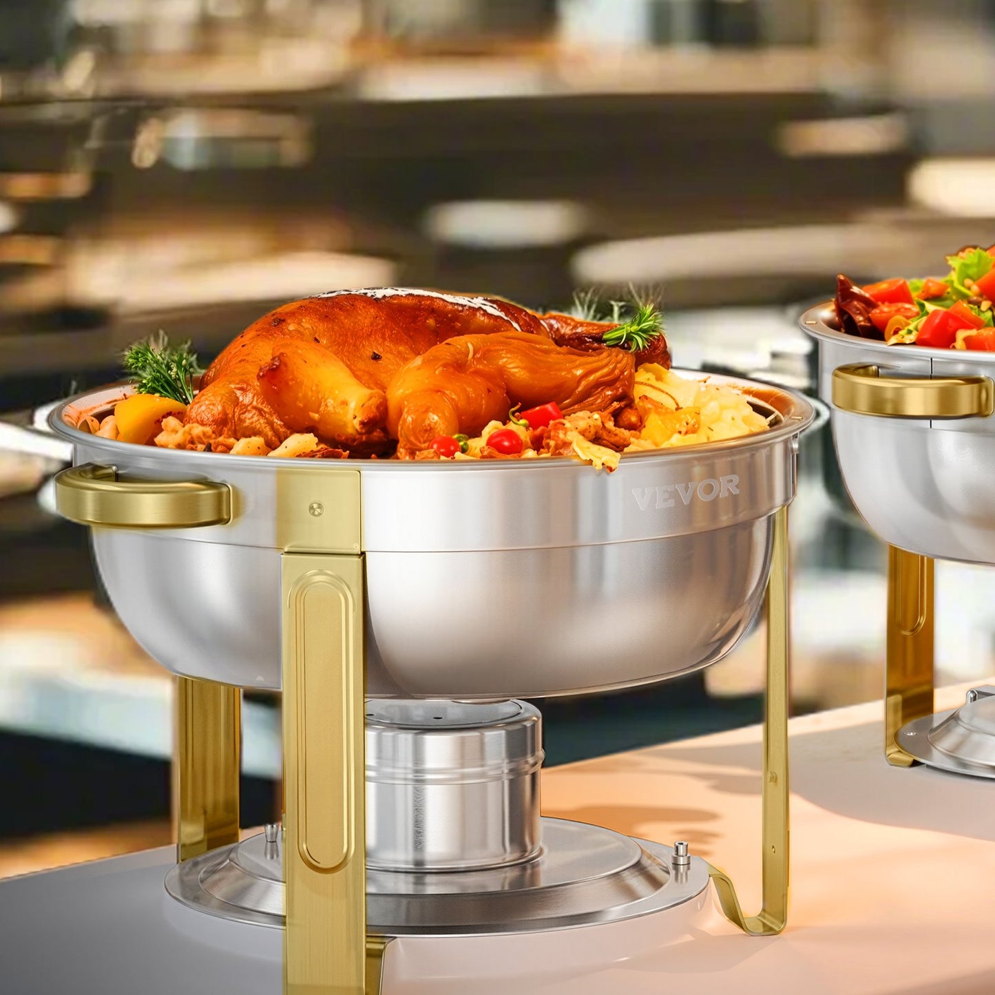 Chafing Dish Buffet Set, 5 Qt 4 Pack, Stainless Steel Chafer with 4 Full Size Pan, Round Catering Warmer Server with Glass Lid Water Pan Folding Stand Fuel Holder, for Wedding Party Banquet, Gold