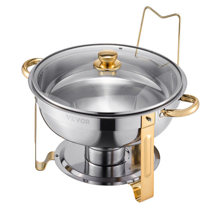 Chafing Dish Buffet Set, 5 Qt 4 Pack, Stainless Steel Chafer with 4 Full Size Pan, Round Catering Warmer Server with Glass Lid Water Pan Folding Stand Fuel Holder, for Wedding Party Banquet, Gold