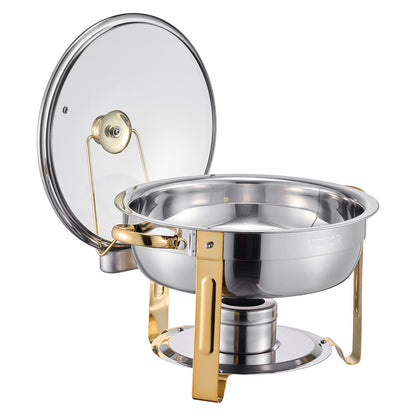 Chafing Dish Buffet Set, 5 Qt 4 Pack, Stainless Steel Chafer with 4 Full Size Pan, Round Catering Warmer Server with Glass Lid Water Pan Folding Stand Fuel Holder, for Wedding Party Banquet, Gold