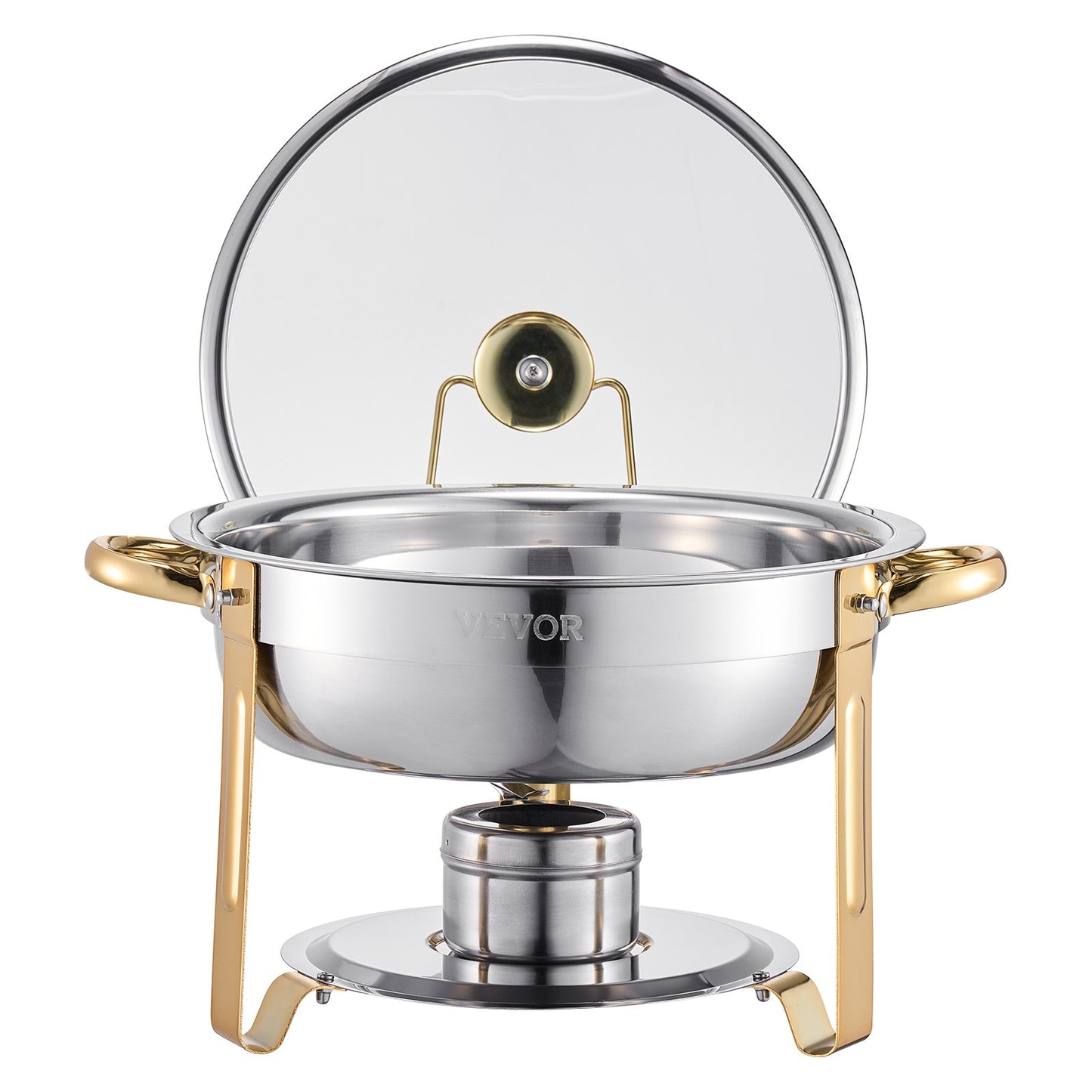 Chafing Dish Buffet Set, 5 Qt 4 Pack, Stainless Steel Chafer with 4 Full Size Pan, Round Catering Warmer Server with Glass Lid Water Pan Folding Stand Fuel Holder, for Wedding Party Banquet, Gold