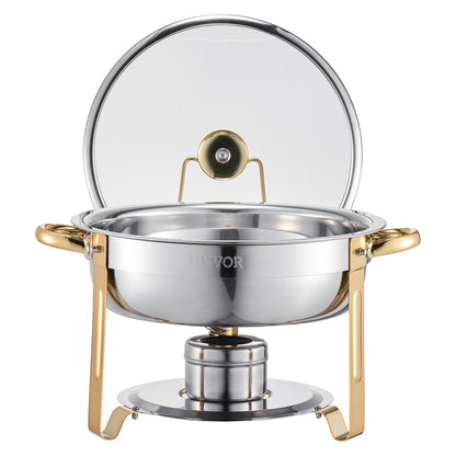 Chafing Dish Buffet Set, 5 Qt 4 Pack, Stainless Steel Chafer with 4 Full Size Pan, Round Catering Warmer Server with Glass Lid Water Pan Folding Stand Fuel Holder, for Wedding Party Banquet, Gold