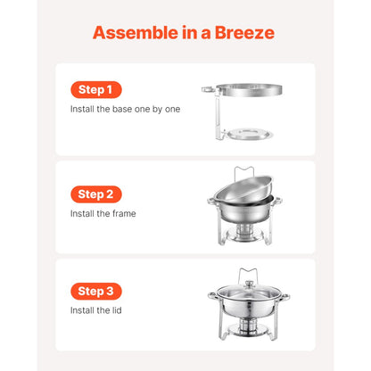 VEVOR 5 Qt 4 Pack Round Chafing Dish Buffet Set Full-Size Pan Stainless Steel