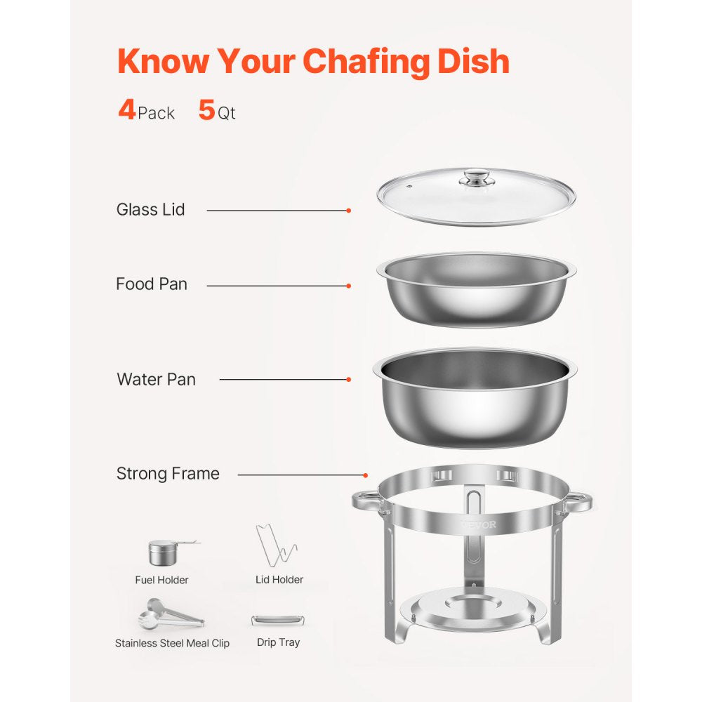 VEVOR 5 Qt 4 Pack Round Chafing Dish Buffet Set Full-Size Pan Stainless Steel