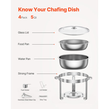 VEVOR 5 Qt 4 Pack Round Chafing Dish Buffet Set Full-Size Pan Stainless Steel