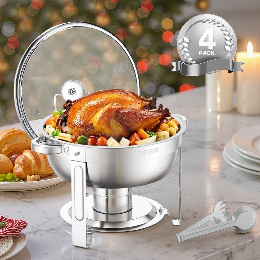 VEVOR 5 Qt 4 Pack Round Chafing Dish Buffet Set Full-Size Pan Stainless Steel