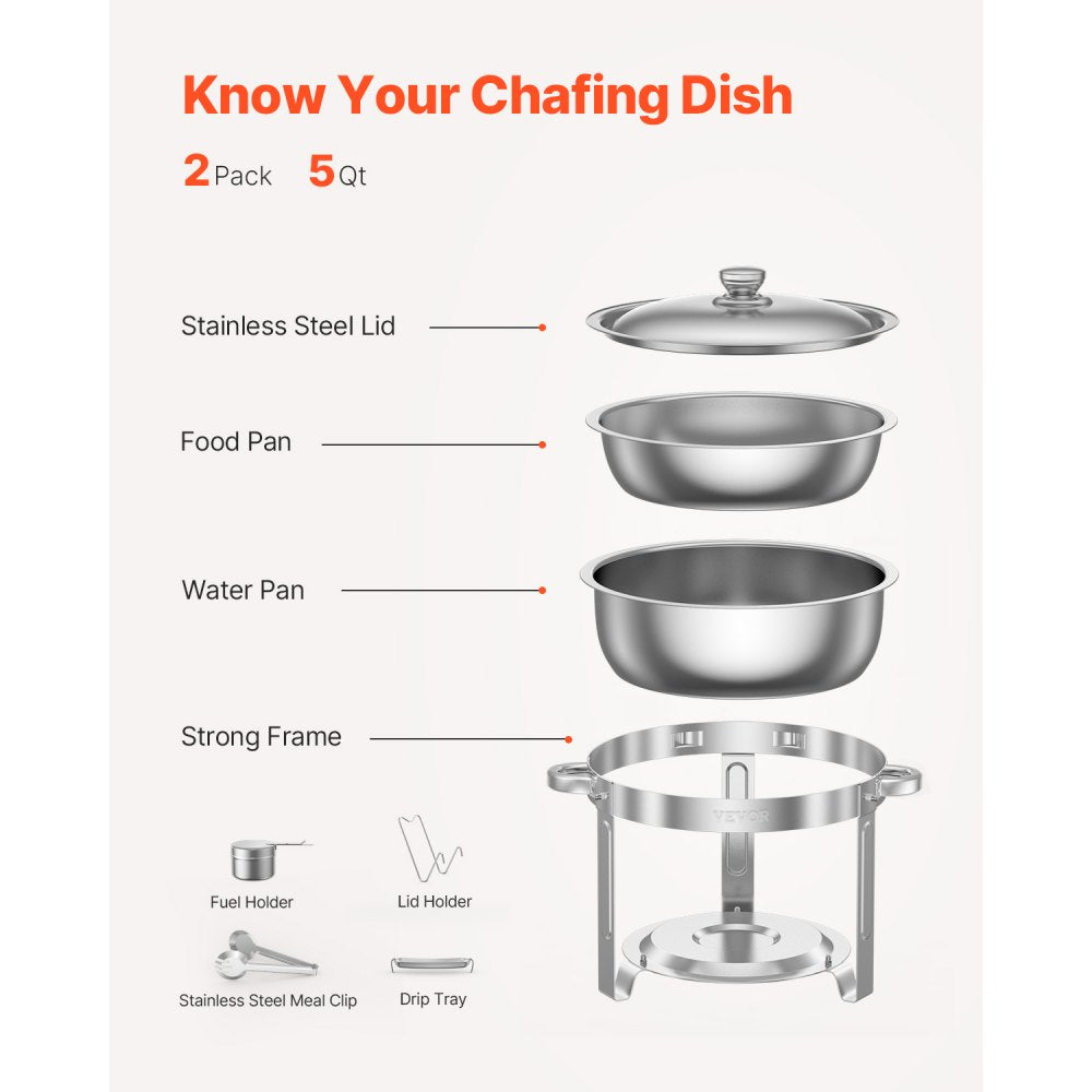 VEVOR 5 Qt 2 Pack Round Chafing Dish Buffet Set Full-Size Pan Stainless Steel