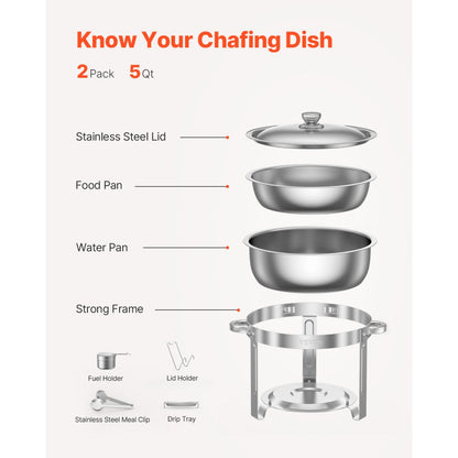 VEVOR 5 Qt 2 Pack Round Chafing Dish Buffet Set Full-Size Pan Stainless Steel
