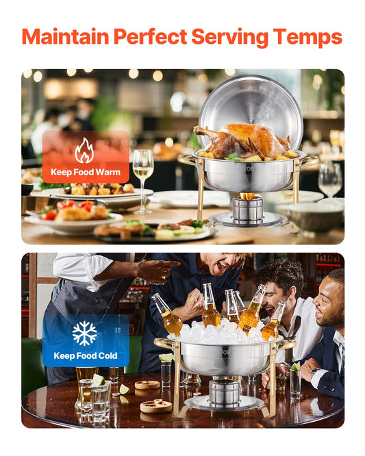 Chafing Dish Buffet Set, 5 Qt 4 Pack, Stainless Steel Chafer with 4 Full Size Pans, Round Catering Warmer Server with Lid Water Pan Folding Stand Clip, for Weddings Parties Banquets, Gold