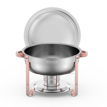 Chafing Dish Buffet Set, 5 Qt 4 Pack, Stainless Steel Chafer with 4 Full Size Pans, Round Catering Warmer Server with Lid Water Pan Folding Stand Clip, for Weddings Parties Banquets, Rose Gold