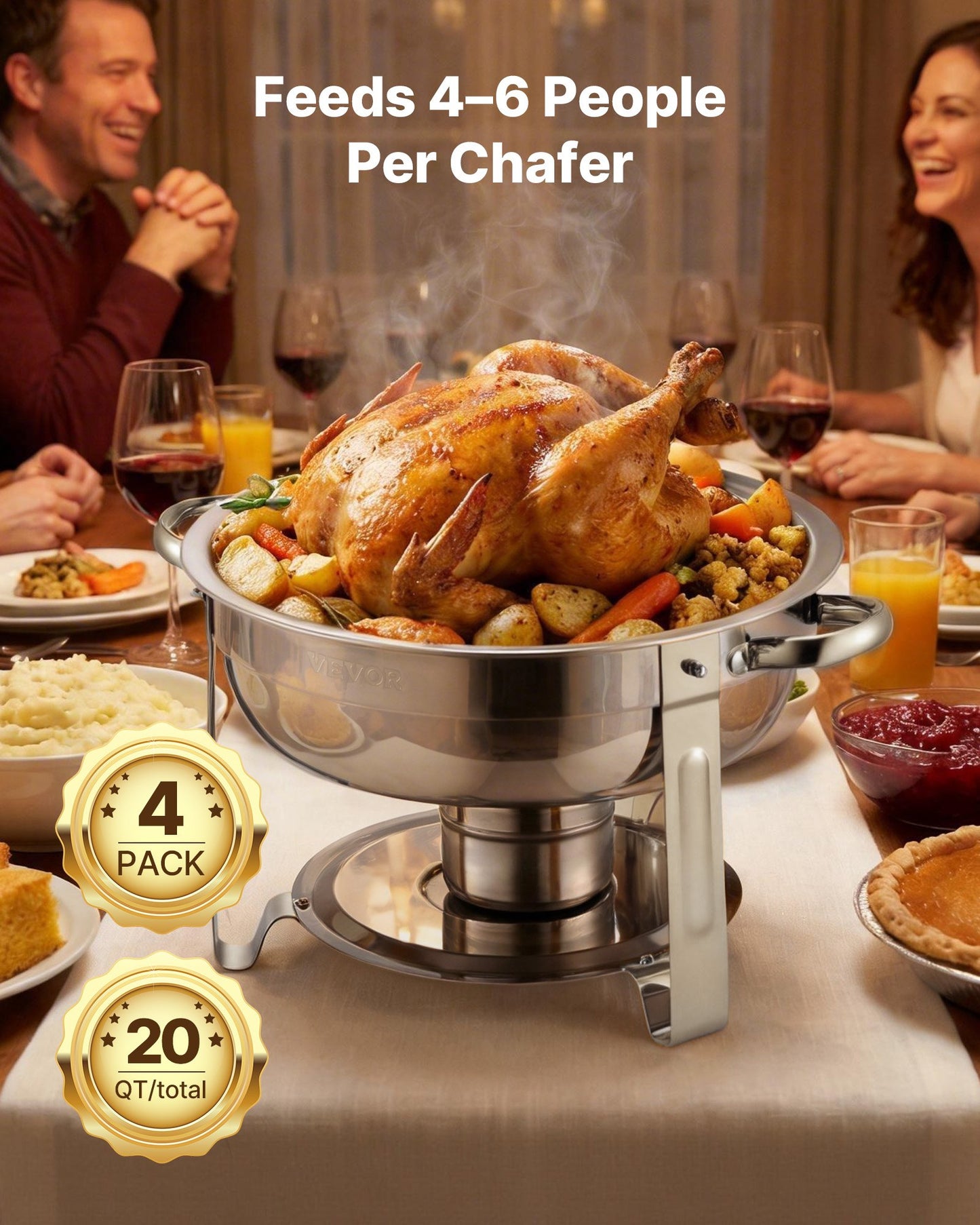Chafing Dish Buffet Set, 5 Qt 4 Pack, Stainless Steel Chafer with 4 Full Size Pans, Round Catering Warmer Server with Lid Water Pan Folding Stand Clip, for Weddings Parties Banquets, Silver