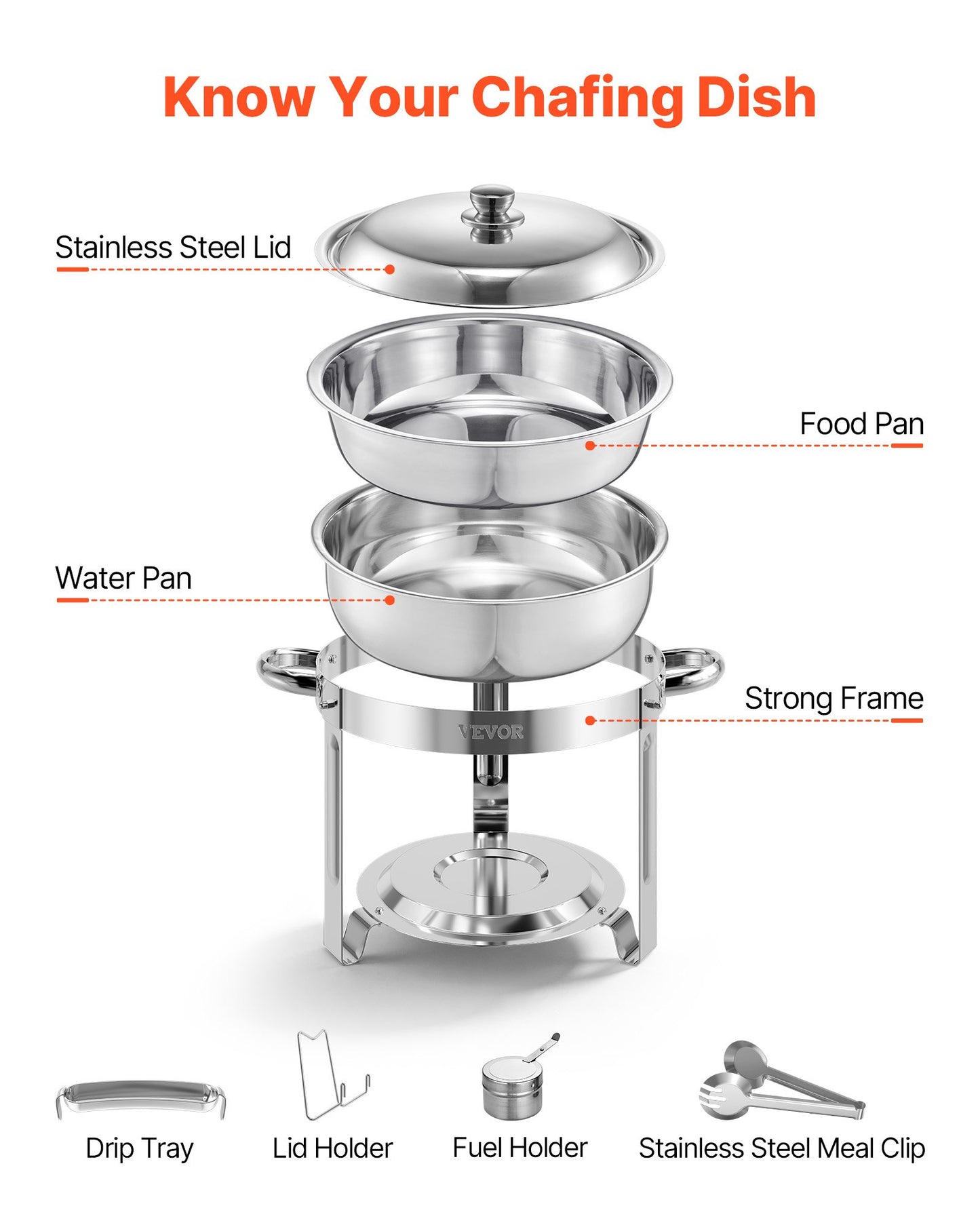 Chafing Dish Buffet Set, 5 Qt 4 Pack, Stainless Steel Chafer with 4 Full Size Pans, Round Catering Warmer Server with Lid Water Pan Folding Stand Clip, for Weddings Parties Banquets, Silver