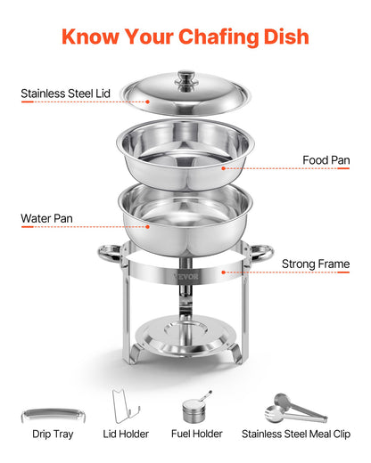 Chafing Dish Buffet Set, 5 Qt 4 Pack, Stainless Steel Chafer with 4 Full Size Pans, Round Catering Warmer Server with Lid Water Pan Folding Stand Clip, for Weddings Parties Banquets, Silver