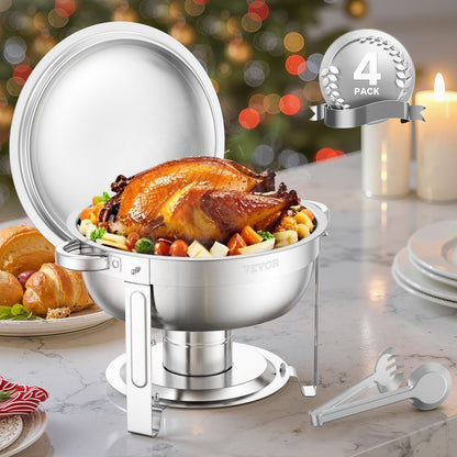 Chafing Dish Buffet Set, 5 Qt 4 Pack, Stainless Steel Chafer with 4 Full Size Pans, Round Catering Warmer Server with Lid Water Pan Folding Stand Clip, for Weddings Parties Banquets, Silver