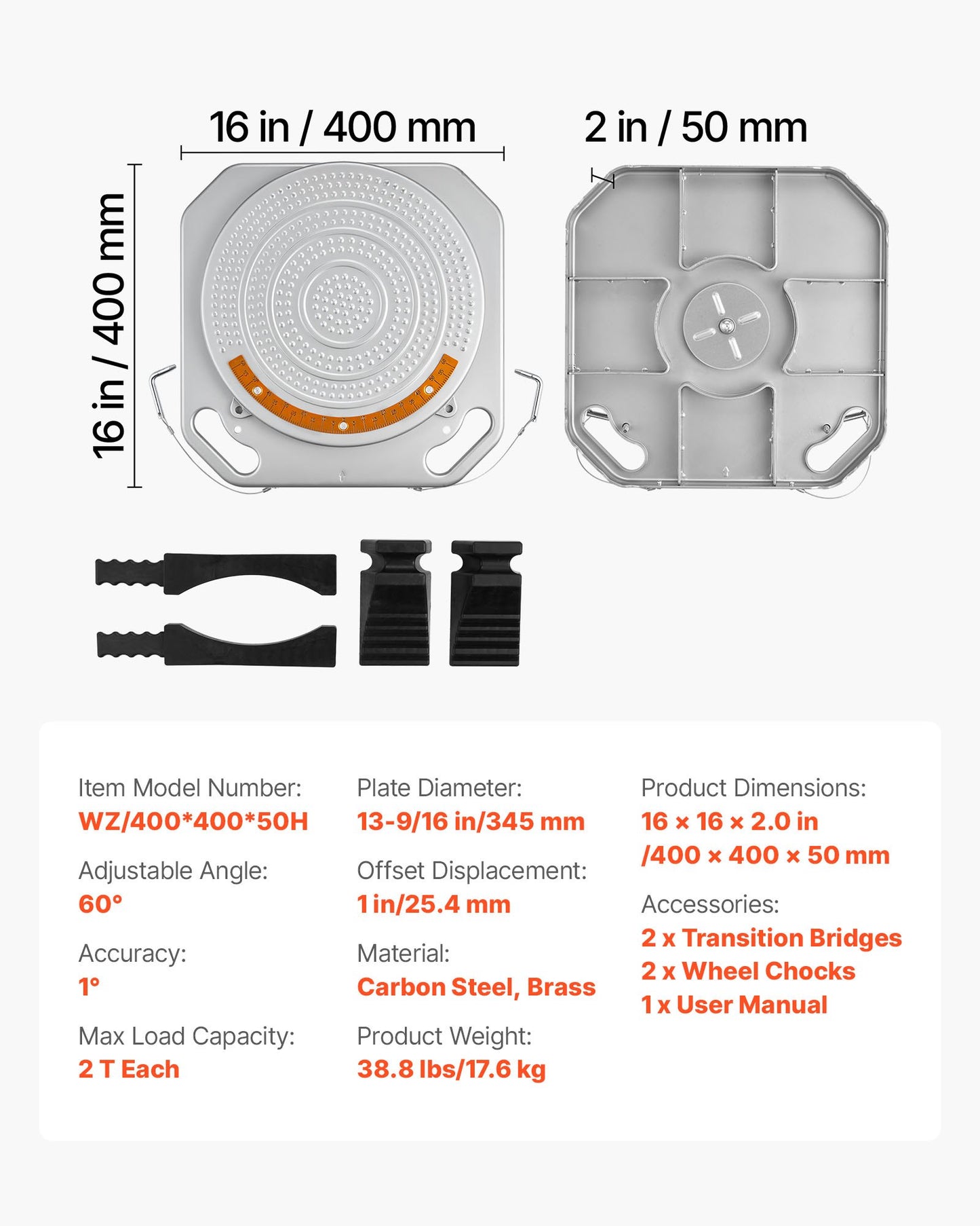 Wheel Alignment Turn Plates, 2 PCS, 2-Ton Capacity per Plate, Brass Dial Measurements, 360° Rotating Turntable Wheel Alignment Tool with Transition Bridge & Thrust Block for Car SUV Light Truck