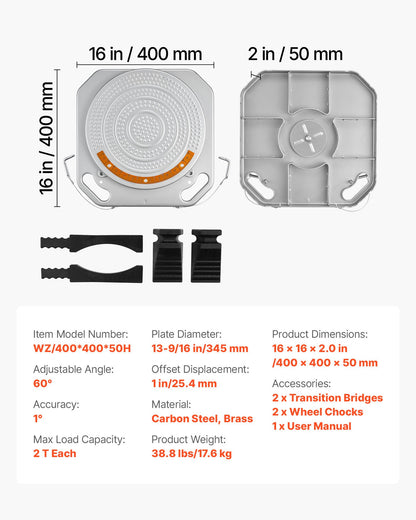 Wheel Alignment Turn Plates, 2 PCS, 2-Ton Capacity per Plate, Brass Dial Measurements, 360° Rotating Turntable Wheel Alignment Tool with Transition Bridge & Thrust Block for Car SUV Light Truck