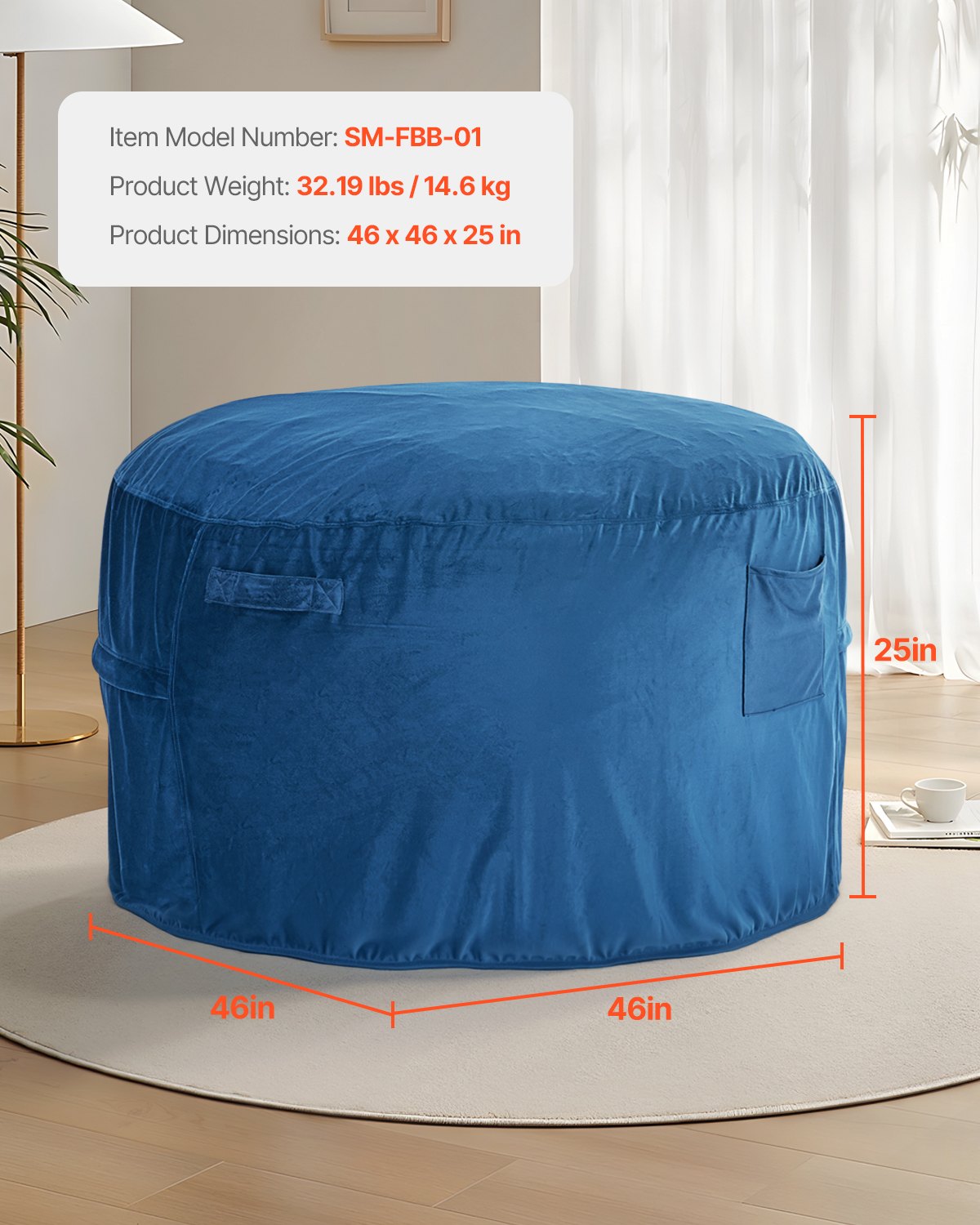 VEVOR Round Bean Bag Chair with Removable and Washable Cover for Adults Blue,1168 x 1168 x 635 mm