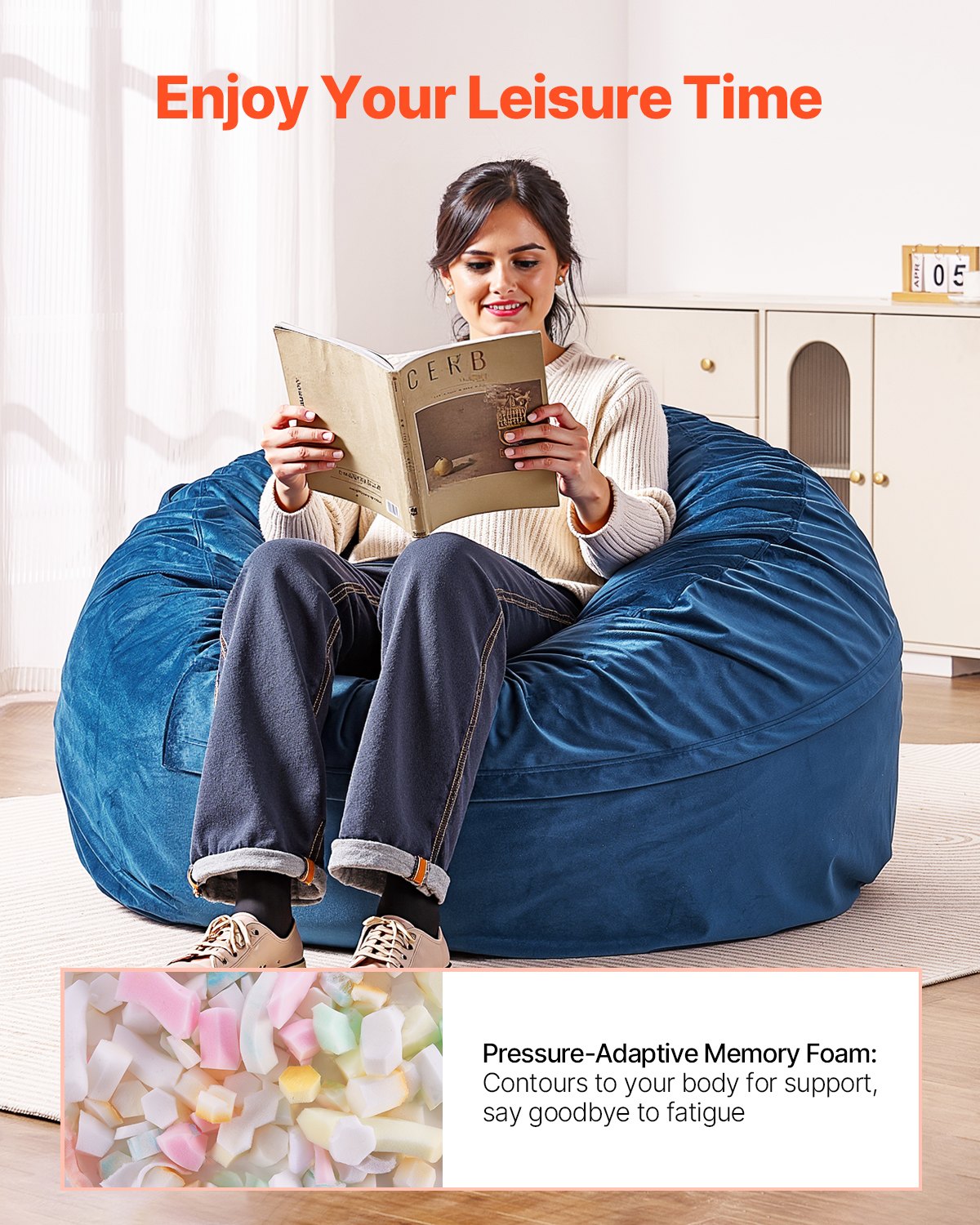 VEVOR Round Bean Bag Chair with Removable and Washable Cover for Adults Blue,1168 x 1168 x 635 mm