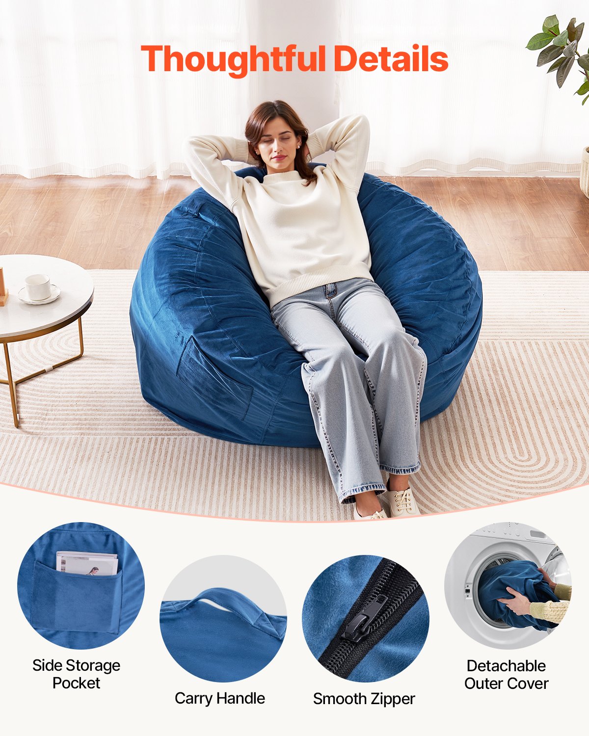 VEVOR Round Bean Bag Chair with Removable and Washable Cover for Adults Blue,1168 x 1168 x 635 mm