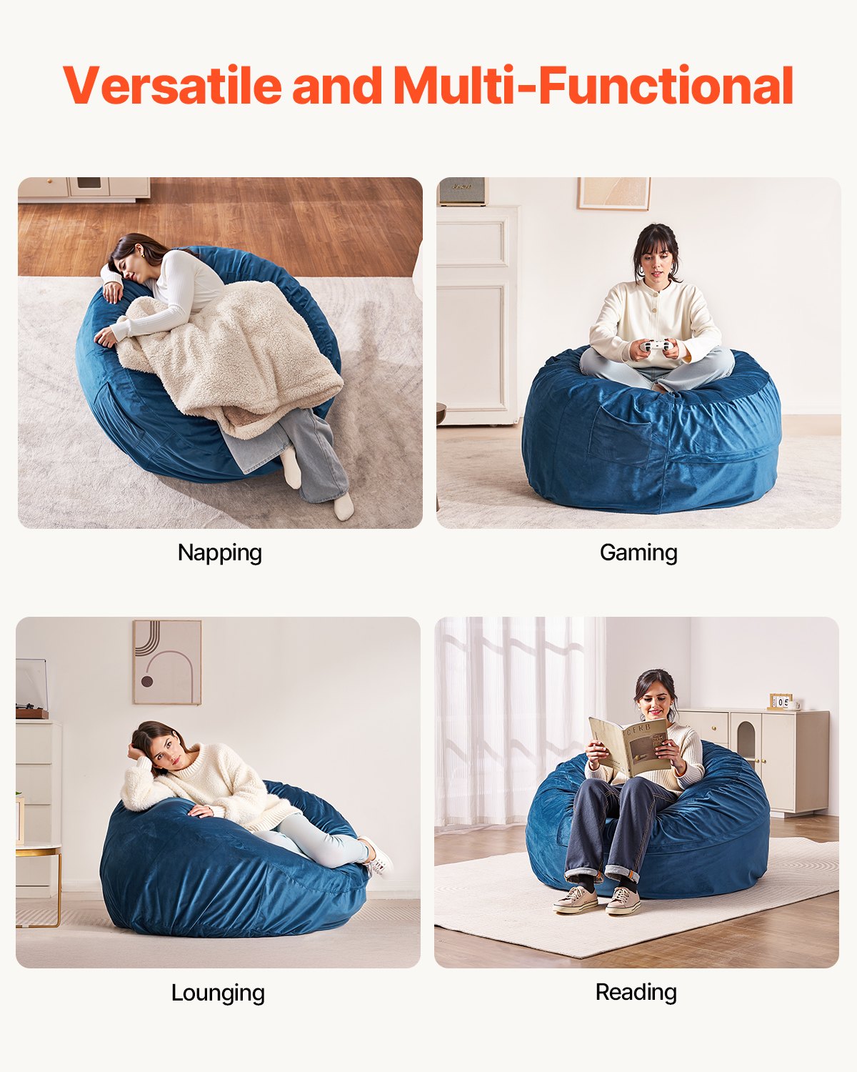 VEVOR Round Bean Bag Chair with Removable and Washable Cover for Adults Blue,1168 x 1168 x 635 mm