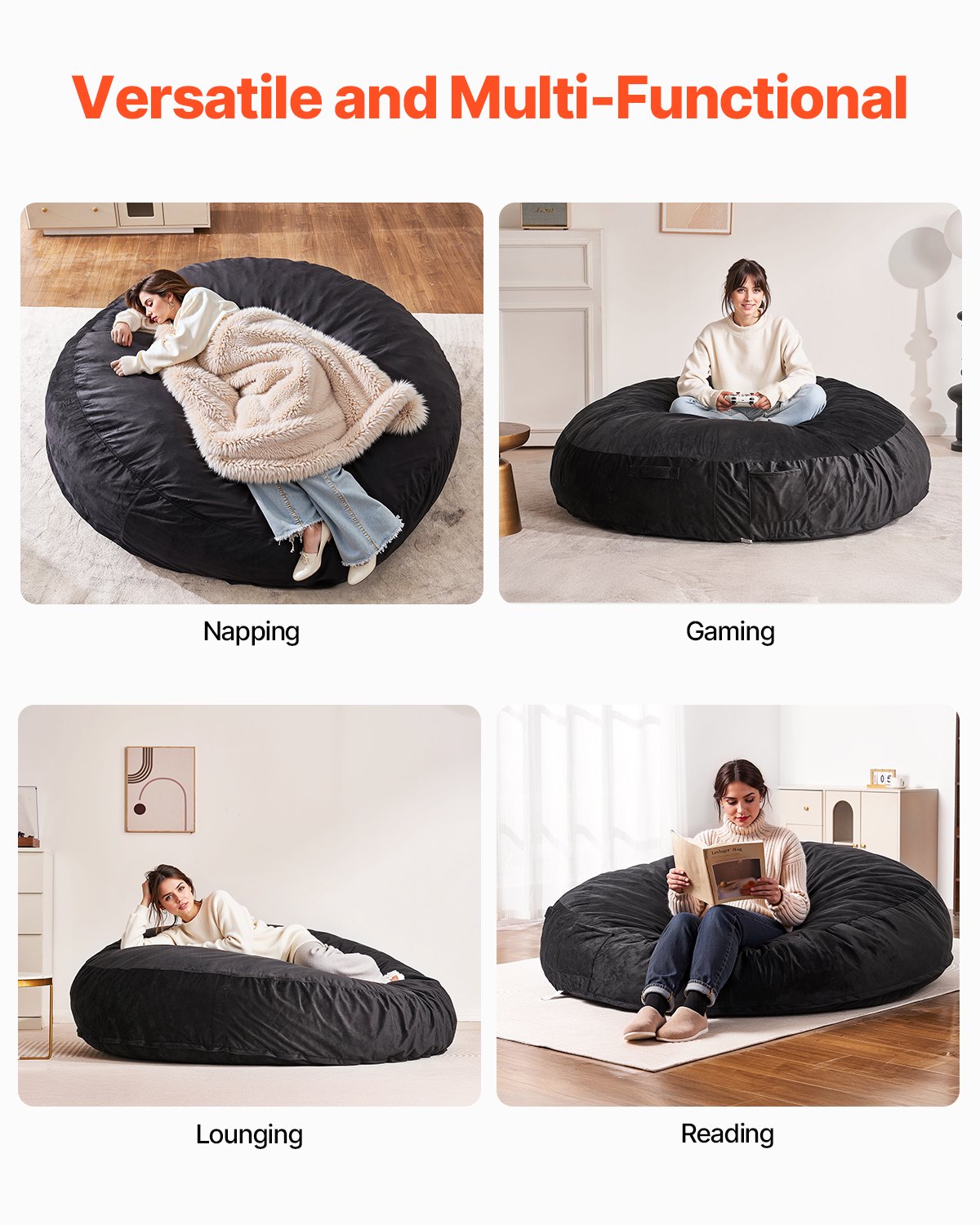 VEVOR Round Bean Bag Chair with Removable & Washable Cover for Adult Giant Black,1829 x 1829 x 508 mm
