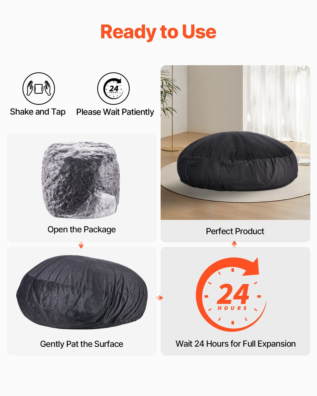 VEVOR Round Bean Bag Chair with Removable & Washable Cover for Adult Giant Black,1829 x 1829 x 508 mm