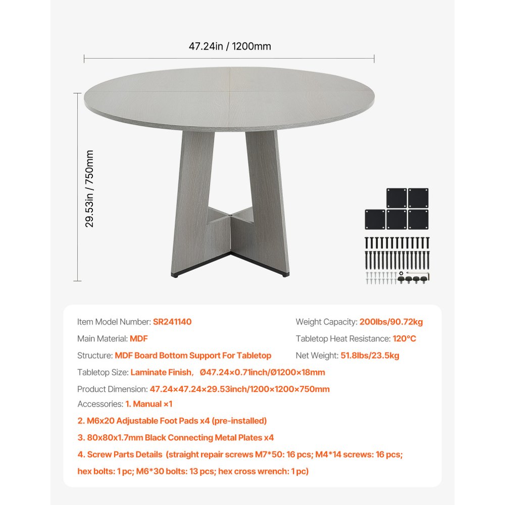 VEVOR 47 in Round Dining Table Wood Kitchen Table for 2-4 Person (Only Table)