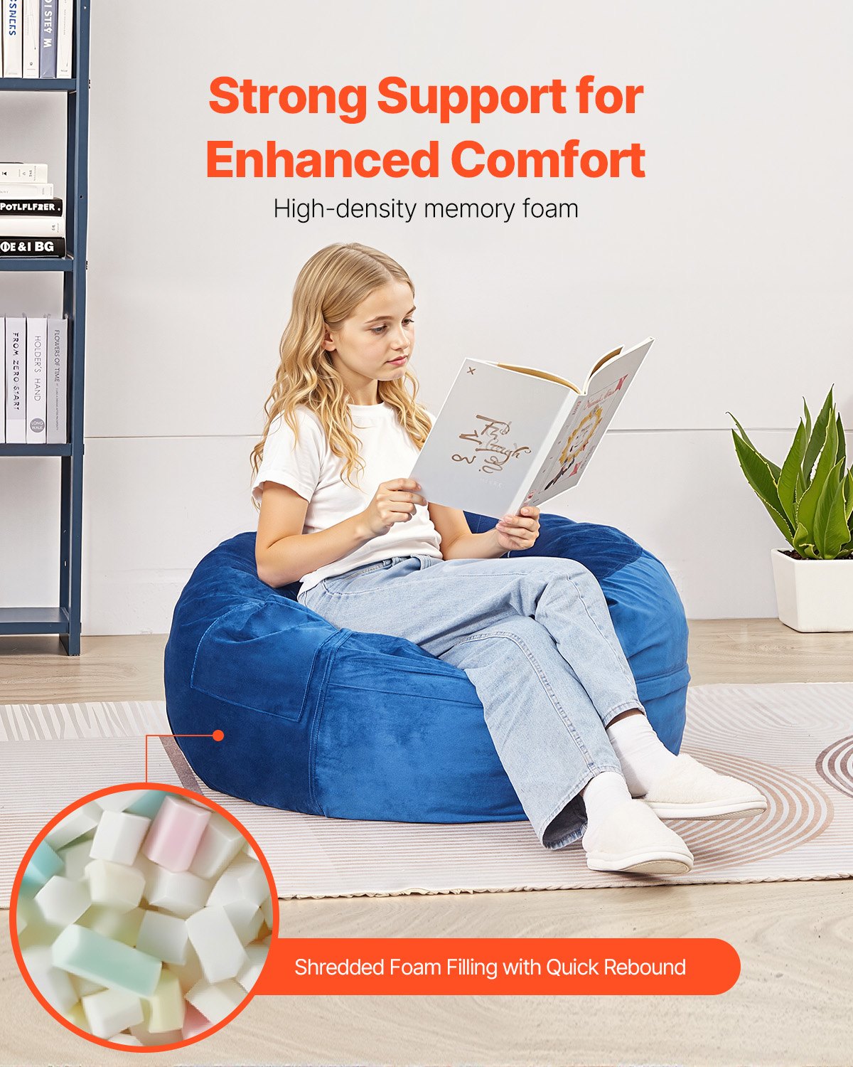 VEVOR 91 cm Round Bean Bag Chair with Removable Cover & Dutch Velvet Blue