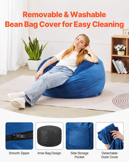 VEVOR 91 cm Round Bean Bag Chair with Removable Cover & Dutch Velvet Blue