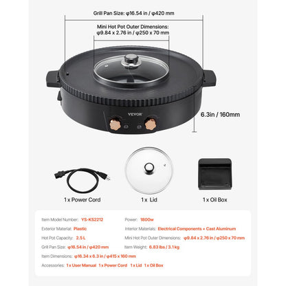 VEVOR Hot Pot with Grill 1800W 2-in-1 Electric Smokeless Grill and Hot Pot