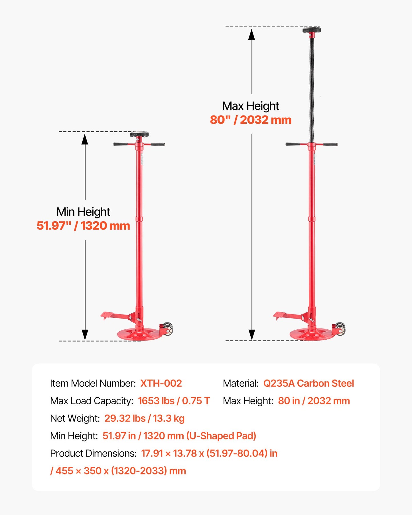 Underhoist Support Stand, 3/4 Ton Capacity Under Hoist Jack Stand with Two Wheels, Lifting from 1320 to 2032 mm, Bearing Mounted Spin Handle, Foot Pedal, Stable Base, Support Vehicle Components