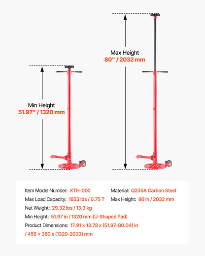 Underhoist Support Stand, 3/4 Ton Capacity Under Hoist Jack Stand with Two Wheels, Lifting from 1320 to 2032 mm, Bearing Mounted Spin Handle, Foot Pedal, Stable Base, Support Vehicle Components