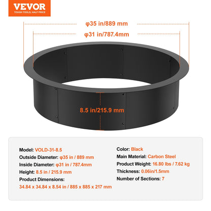 Round Steel Fire Pit Ring 0.99m, 8.83 kg, Black, DIY Campfire Liner