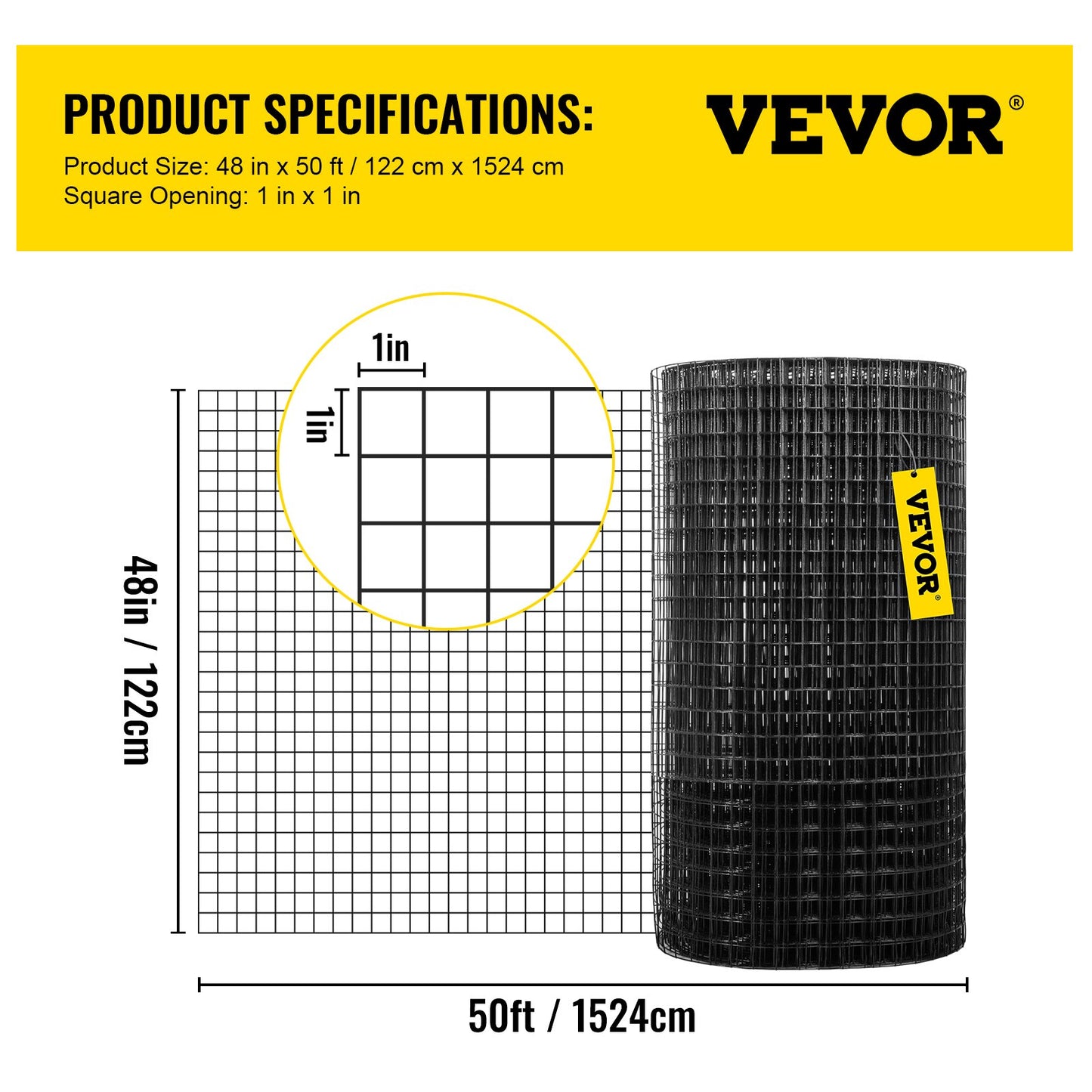 VEVOR Hardware Cloth, 48\" x 50\' & 1\"x1\" Mesh Size, Galvanized Steel Vinyl Coated